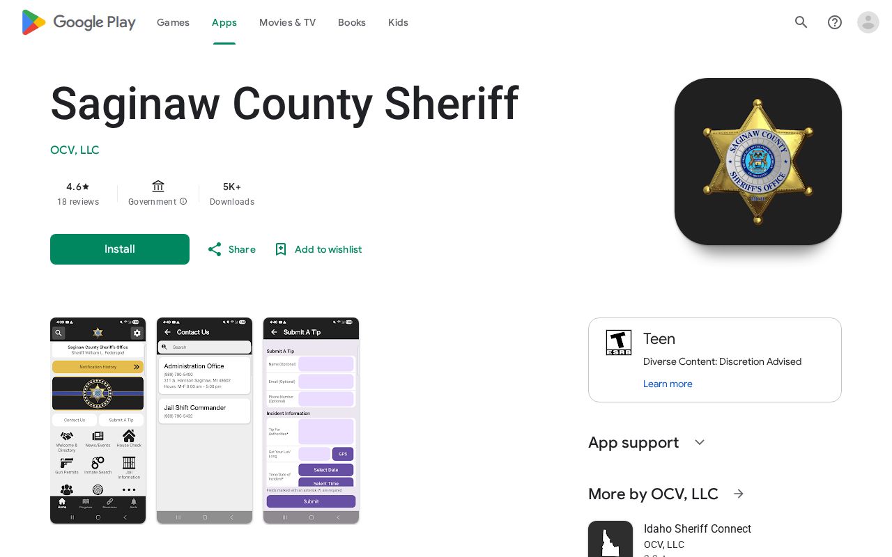 Official Saginaw County Sheriff app listing checked for release mugshot features
