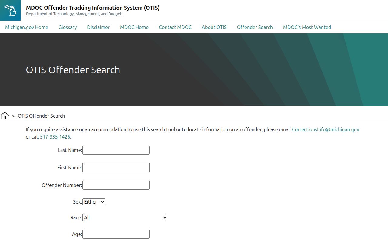 Michigan OTIS fields for Saginaw County released inmate search
